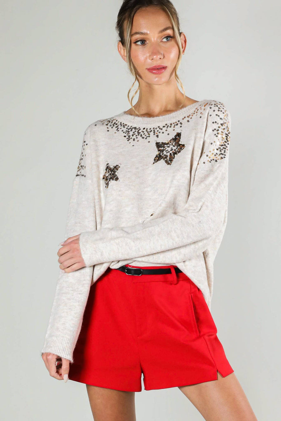 Star Tinsel Sequin Embroidery Crew-Neck Sweater - Taupe