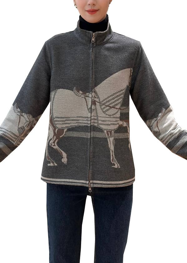Grey / Brown Horse Corral Zipper Sweater Reversible