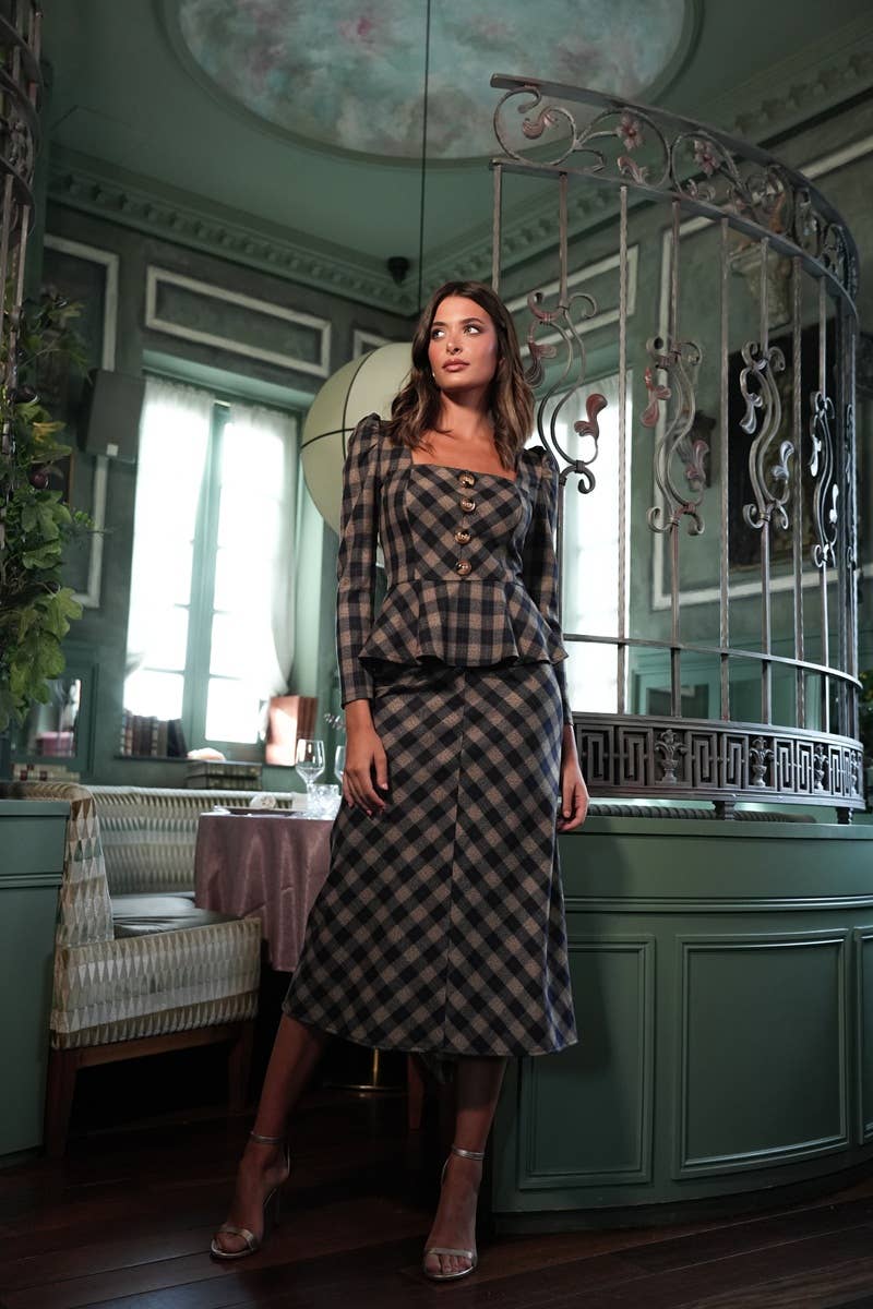 Tena Skirt-Camel and navy blue check print