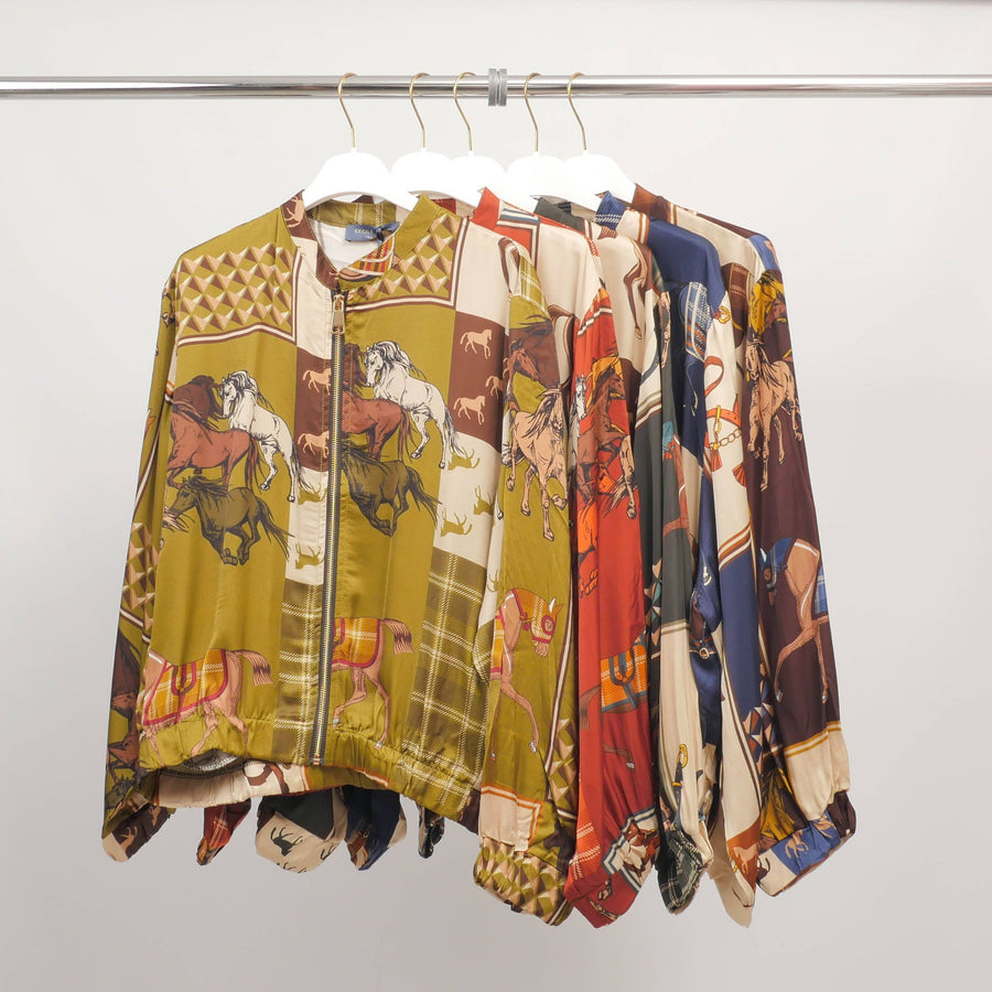 Equestrian print zip-up jacket in viscose and silk – KD8772VS-30: Khaki
