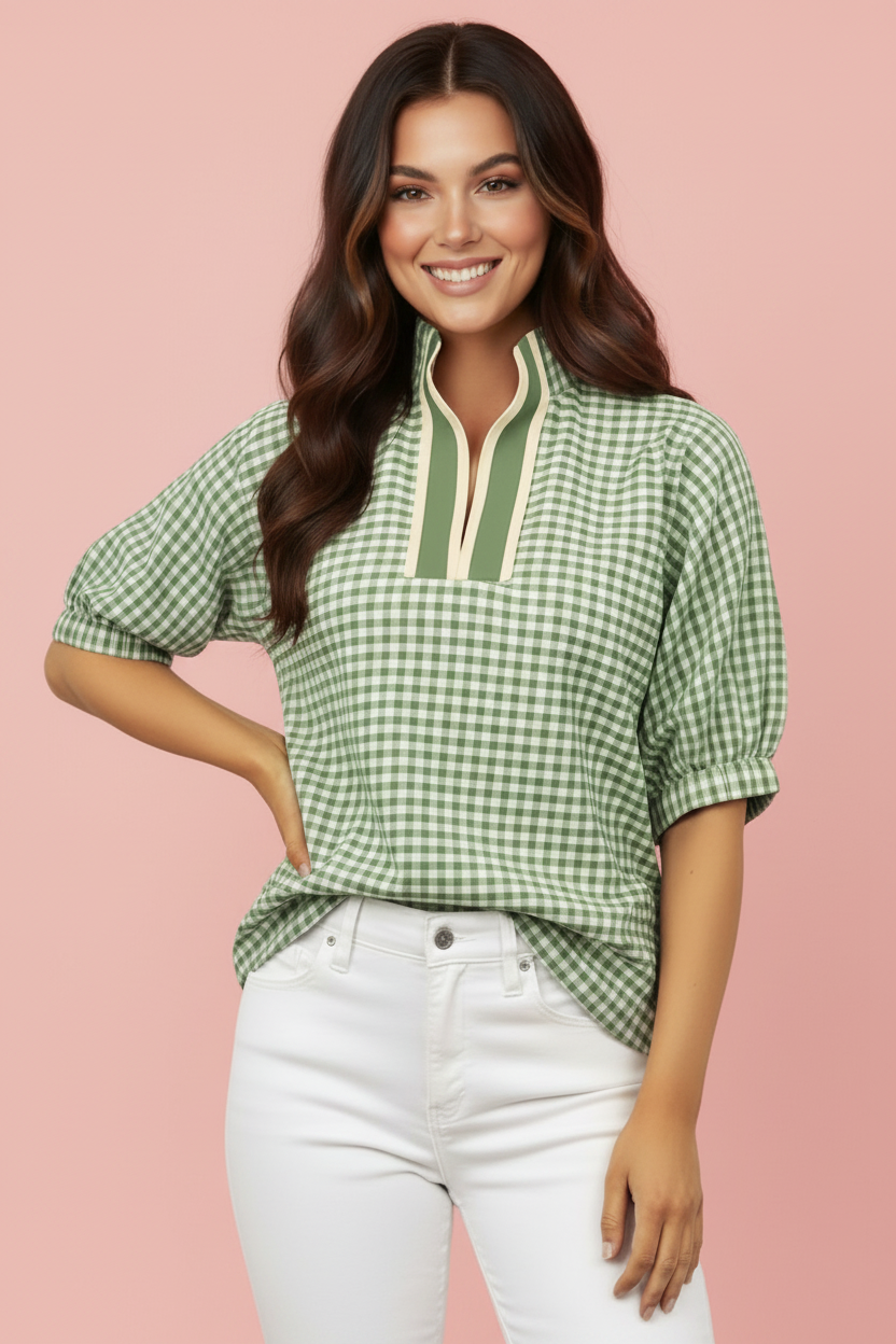 Gingham Plaid Colorblock Trim Short Sleeve Blouse - Green
