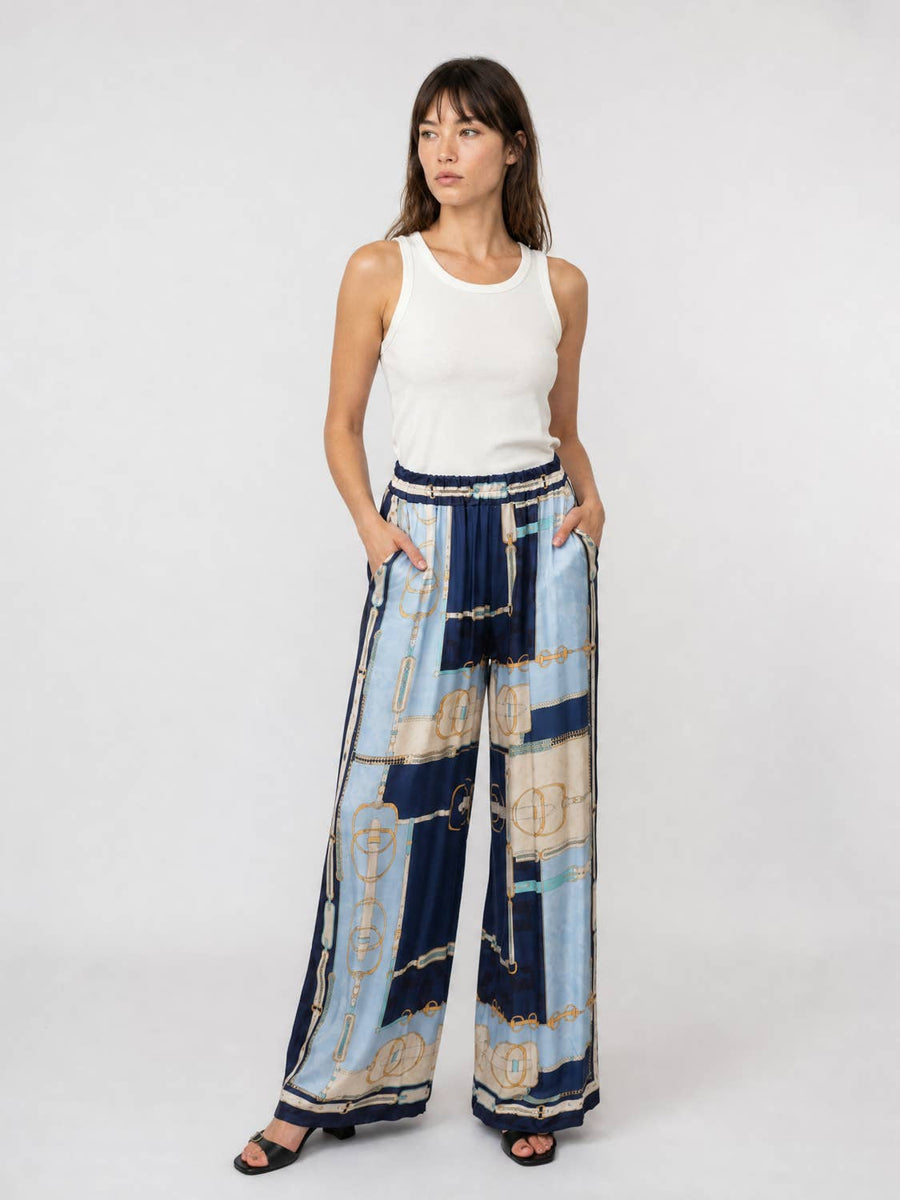 Flowing satin trousers -Equestrian bits pattern