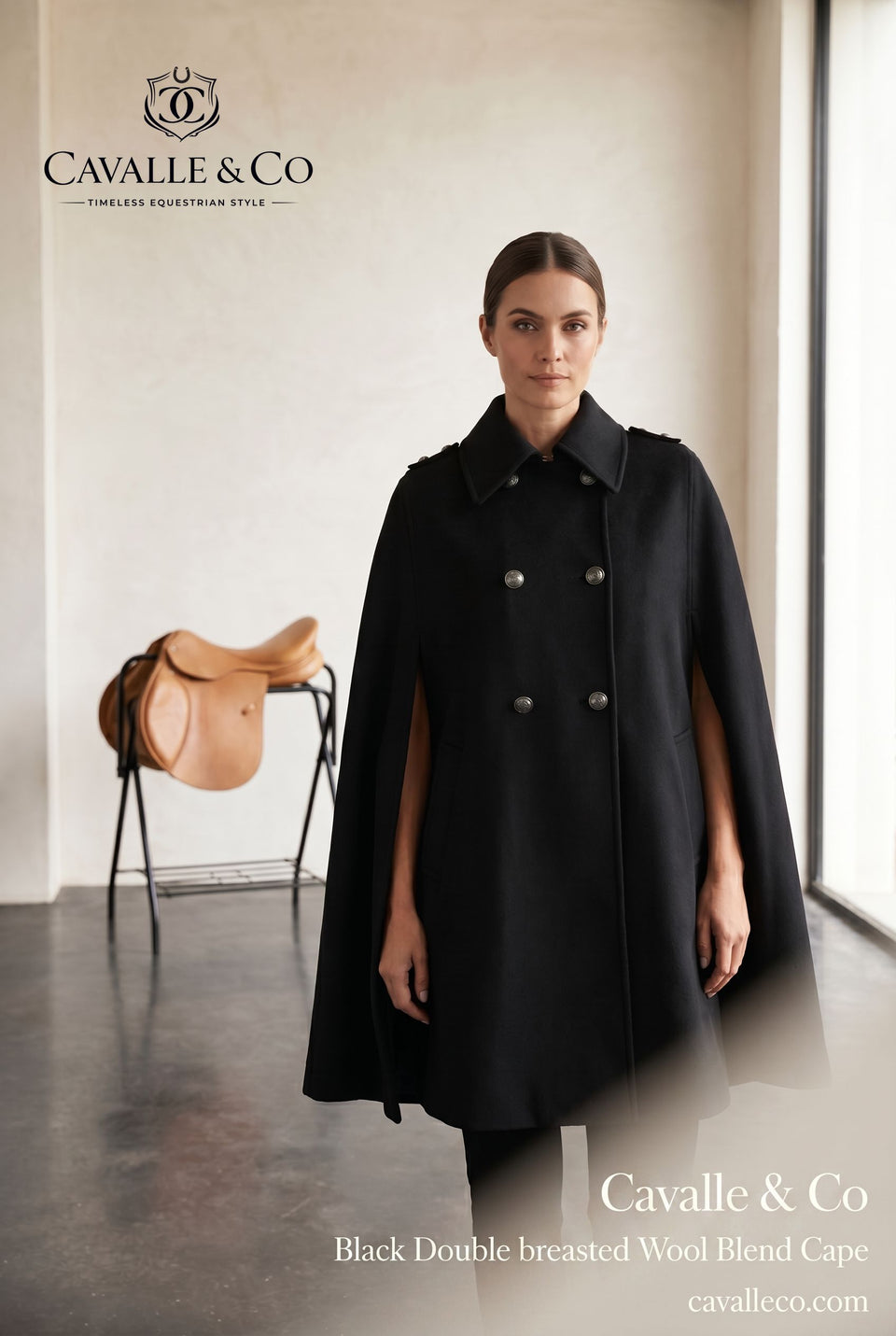 Black Double breasted Wool Blend Cape: S-M M-L