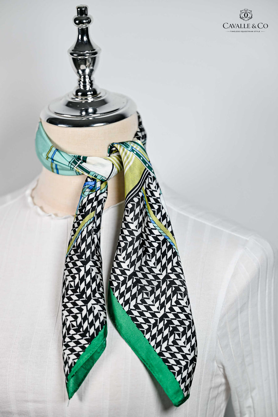 Green & Black Houndstooth & bit print scarf