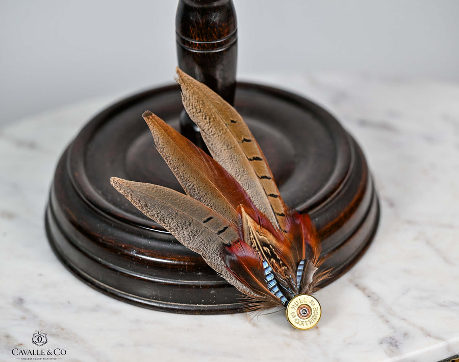 UK Hand Made Large Pheasant, jay feather brooch hat lapel Bullet pin (C)