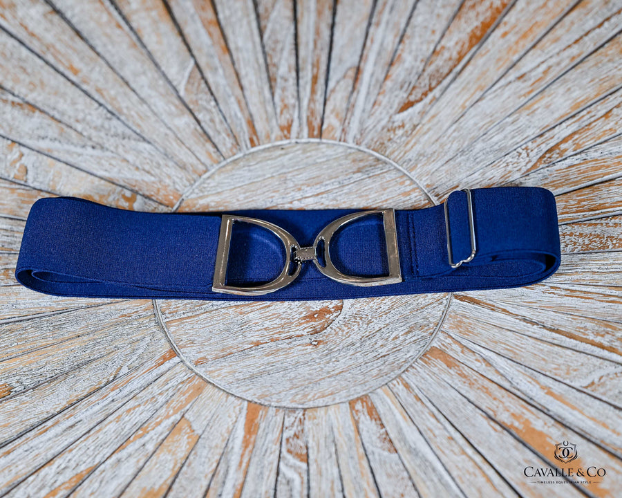 Navy elastic stretch stirrup style silver buckle belt
