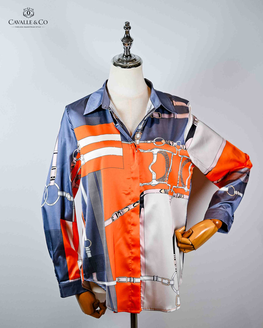 Horse Bits Long Sleeve Silk Shirt-Orange Grey Pink