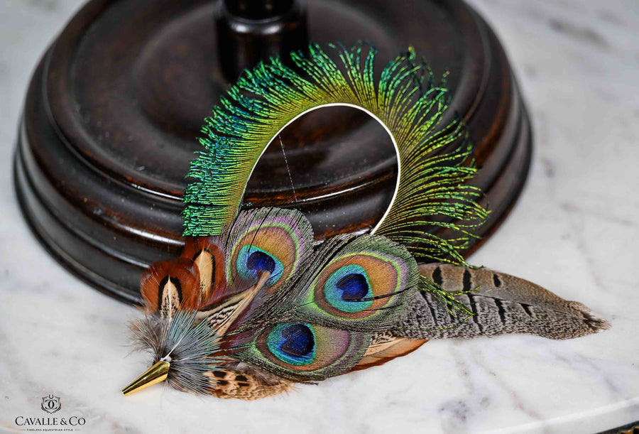UK Hand Made Xtra Large Pheasant and peacock feather brooch Cone tip hat pin (I)