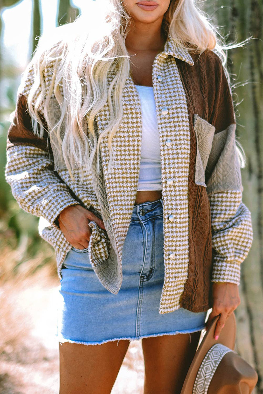 Colorblock Houndstooth Textured Patchwork Shacket - Chocolate & cream