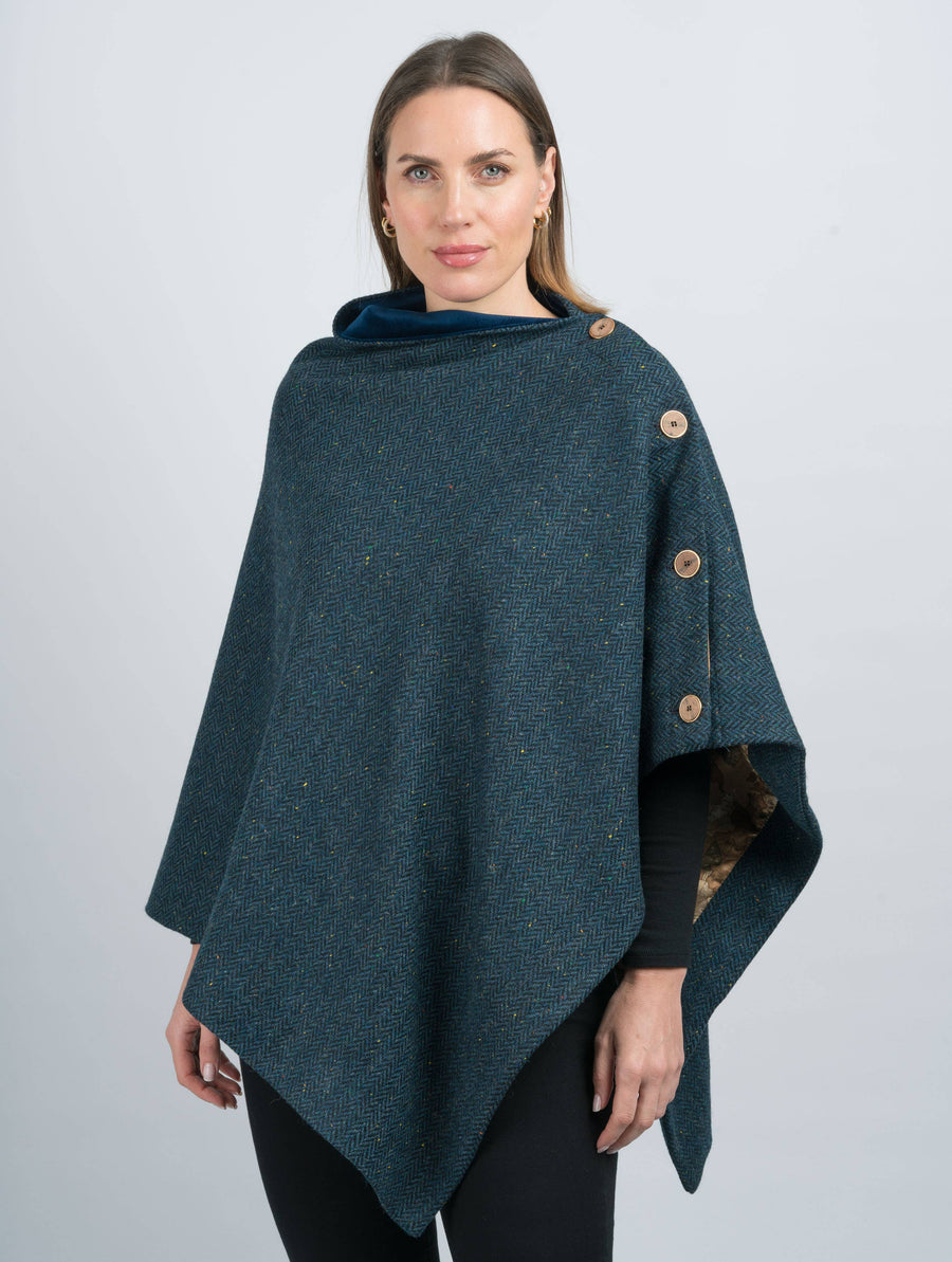 Women's Blue Herringbone Classic Tweed Cape