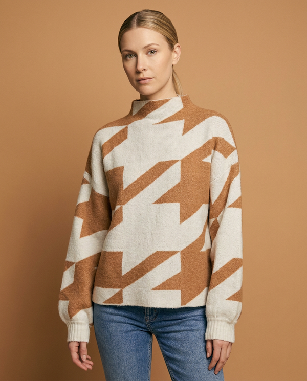 Houndstooth Mock Neck Loose Fit Knit Sweater - Taupe