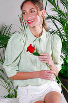 Collared Neck Puff Sleeve Horse Printed Blouse Top Off White Short Sleeve