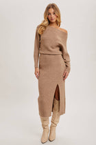 One Shoulder Off Side Slit Midi Knit Sweater Dress - Oatmeal