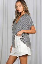 Collared Short Roll-Up Sleeve Button-Down Shirt: Navy