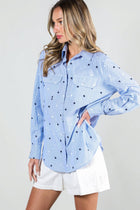 Star Embroidery Stripe 100% Cotton Collared Shirt Top - Blue