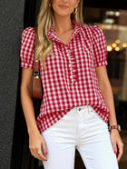 Plaid Puff Sleeve Blouse Boutique Ruffle Button Top: Khaki