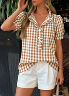 Plaid Puff Sleeve Blouse Boutique Ruffle Button Top: Black / 100%Viscose