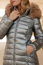 Navy Blue Metallic Longline Down Jacket with Removable Fur Hood