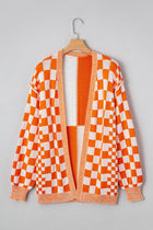 Checker Open Front Drop Shoulder Cardigan - Orange
