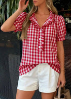 Plaid Puff Sleeve Blouse Boutique Ruffle Button Top: Black / 100%Viscose