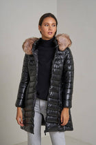 Navy Blue Metallic Longline Down Jacket with Removable Fur Hood