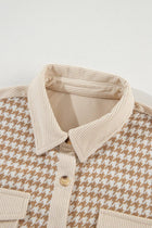 Houndstooth Corduroy Patchwork Flap Pocket Shacket - Parchment