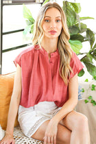 Henley Neckline Button Down Short Sleeve Top-White