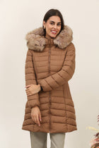 Long quilted down jacket with fur on hood: Beige