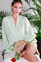 Horse Print V Neck Long Balloon Sleeve Blouse Top Sage