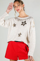 Star Tinsel Sequin Embroidery Crew-Neck Sweater - Taupe