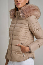 Plain down jacket with faux fur hood: