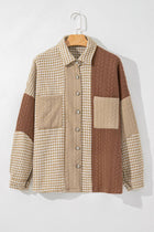 Colorblock Houndstooth Textured Patchwork Shacket - Chocolate & cream