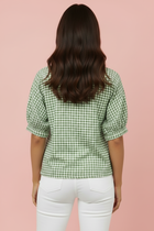 Gingham Plaid Colorblock Trim Short Sleeve Blouse - Green