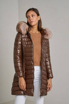 Navy Blue Metallic Longline Down Jacket with Removable Fur Hood