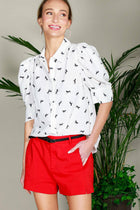 Collared Neck Puff Sleeve Horse Printed Blouse Top Off White Short Sleeve