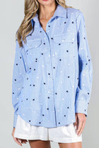 Star Embroidery Stripe 100% Cotton Collared Shirt Top - Blue