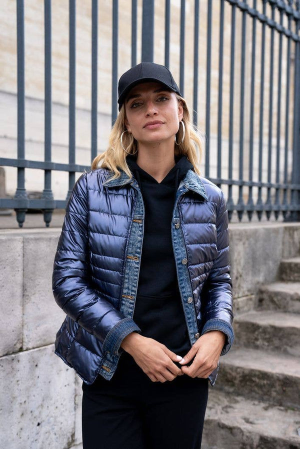 Metallic and Denim Jean Jacket - Navy