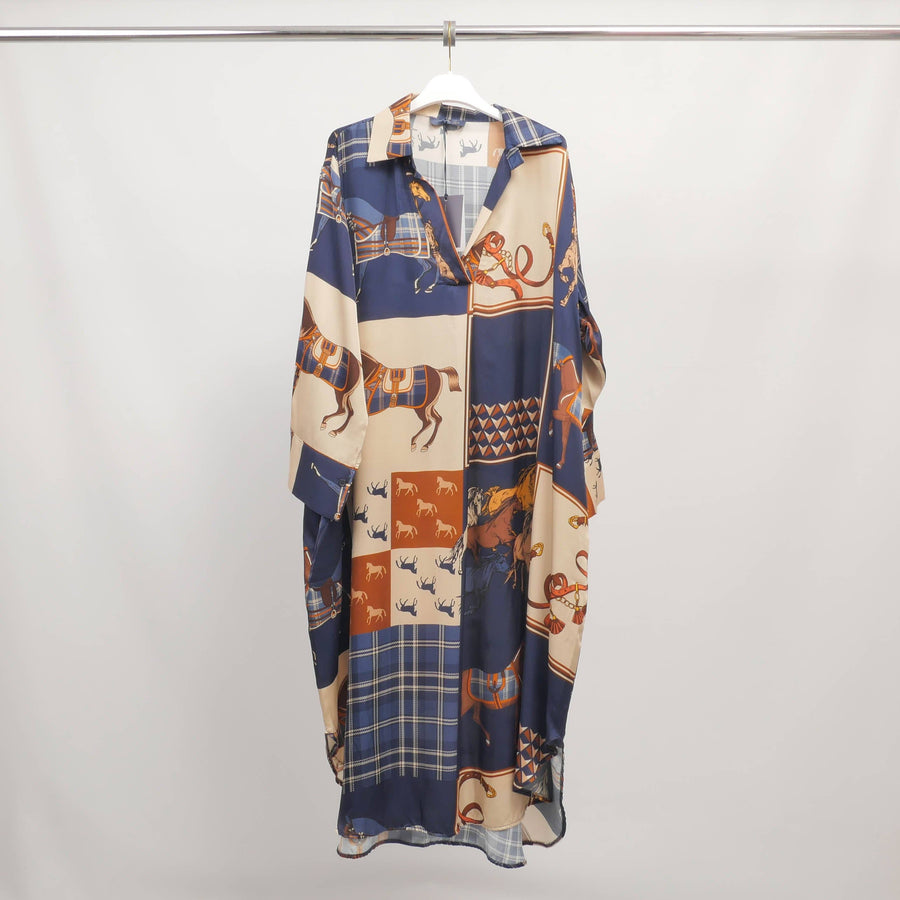 Equestrian print shirt dresses in viscose and silk -Made in Italy
