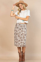 HORSESHOE PRINT MESH MIDI SKIRT: Khaki / Contemporary / L