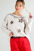 Star Tinsel Sequin Embroidery Crew-Neck Sweater - Taupe