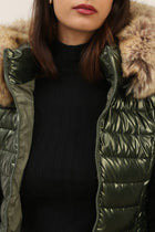 Metallic Longline Down Jacket with Removable Fur Hood - Olive