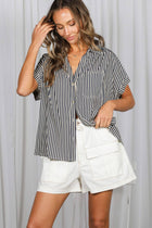Collared Short Roll-Up Sleeve Button-Down Shirt: Navy