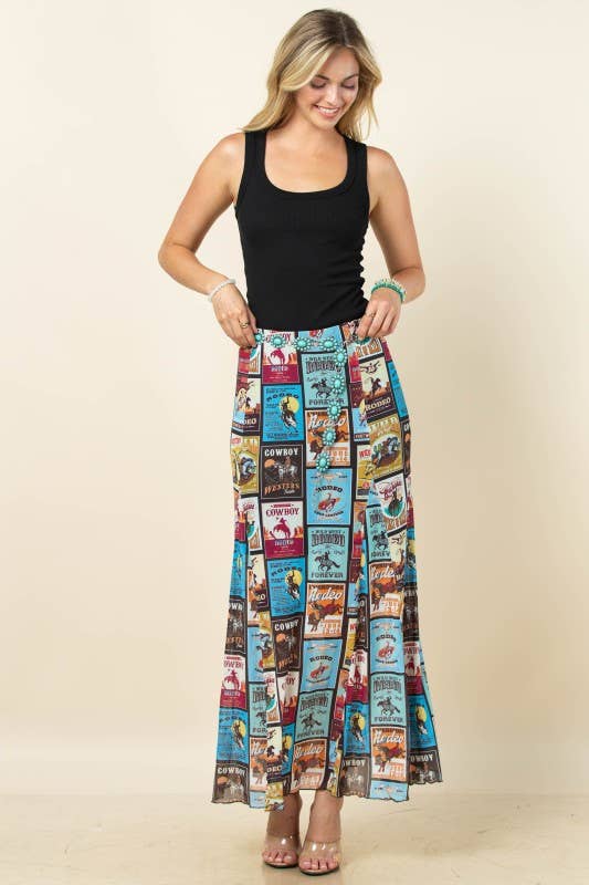 VINTAGE WESTERN PRINT MAXI MESH SKIRT: Multi-Colored / Contemporary