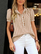 Plaid Puff Sleeve Blouse Boutique Ruffle Button Top: Khaki