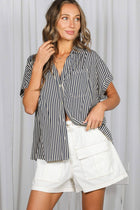 Collared Short Roll-Up Sleeve Button-Down Shirt: Navy
