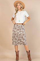 HORSESHOE PRINT MESH MIDI SKIRT: Khaki / Contemporary / L