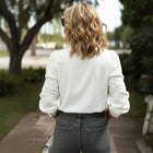 Ruffle Trim Stand Collar White Blouse Long Sleeve Top: White