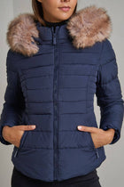 Plain down jacket with faux fur hood: