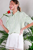 Collared Neck Puff Sleeve Horse Printed Blouse Top Off White Short Sleeve