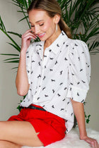 Collared Neck Puff Sleeve Horse Printed Blouse Top Off White Short Sleeve